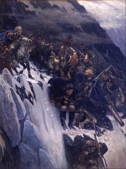 Surikov Suvorov cruzando a descrição dos Alpes