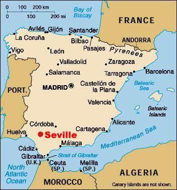Seville on the map of Spain